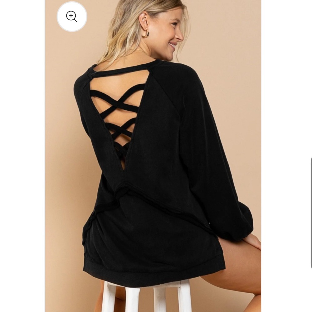 POL Back Cross Strap Detail Balloon Sleeve Sweatshirt in Black Large NWOT